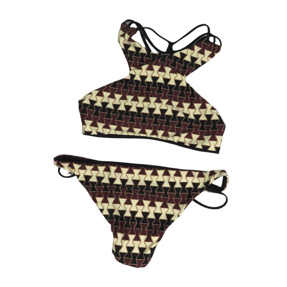 Cider  Burgundy Black & Cream Geometric Halter Top Bikini Small